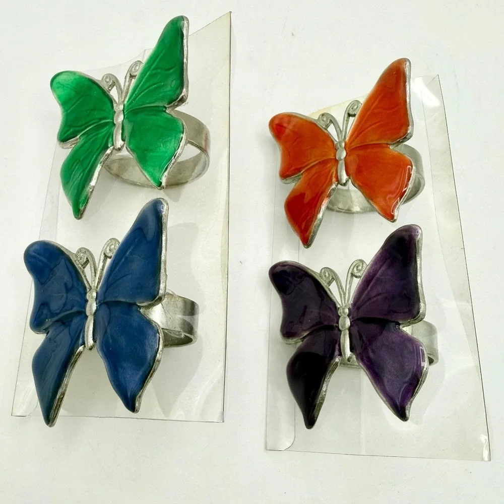 Vintage Maugenest San Fran Butterfly Napkin Rings Set 4 Enamel & Pewter